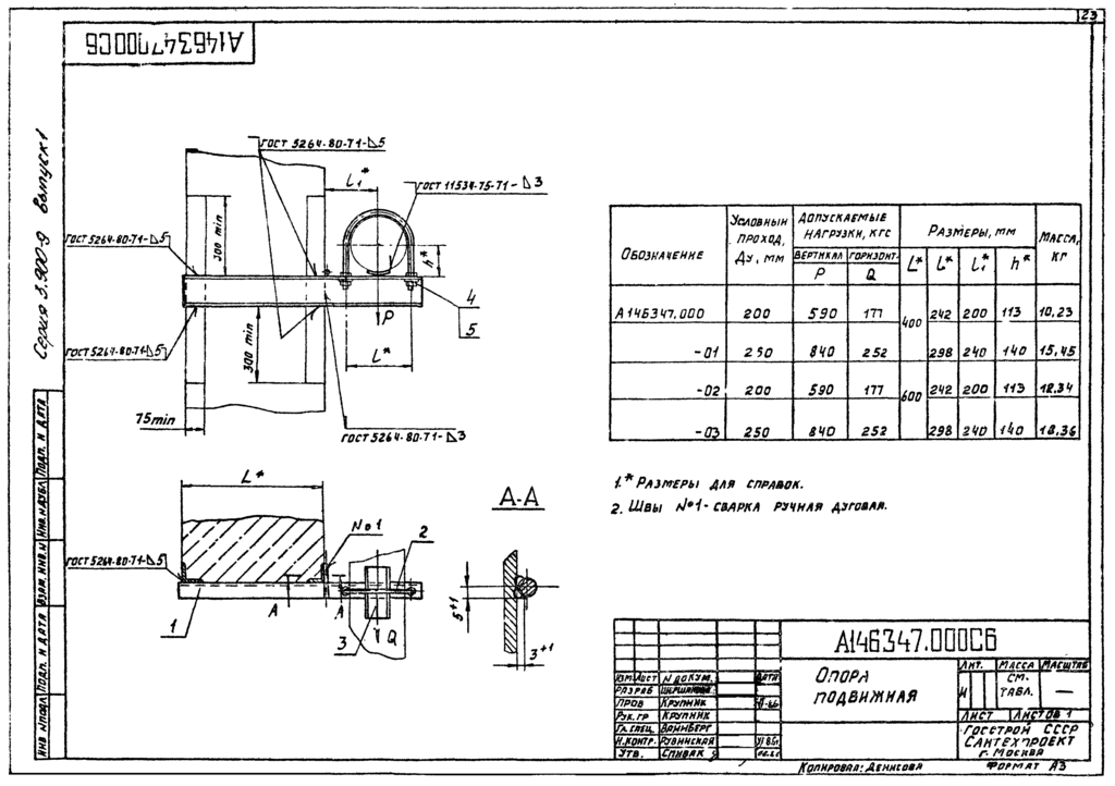 347 000. Опора а14б. Продольно подвижная опора трубопровода. Опоры подвижные сбоку трубопроводов. А14б591.000-02.