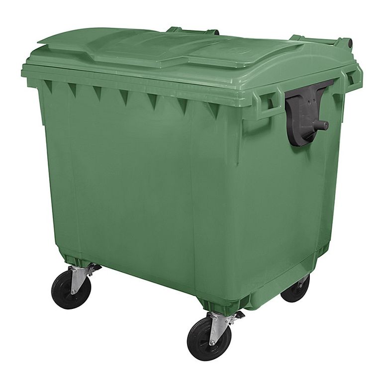 Мусорный контейнер 1100 л ПВХ с крышкой и колесиками. Цвета: зеленый, серый